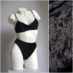 90s Black Crushed Velvet High Cut Underwire Bra Bikini Set / Vintage Deadstock Minimalist Classic Two Piece Swimsuit XS SMALL MEDIUM Xl