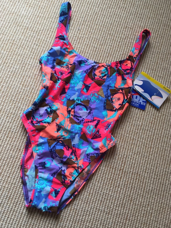 90s Neon Patchwork Colorful Print High Leg Bathin… - image 3