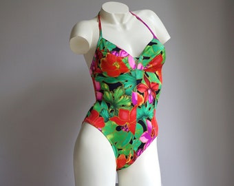 90s Tropical Floral Print Halter One Piece Bathingsuit / Vintage Deadstock Red Green Swimsuit