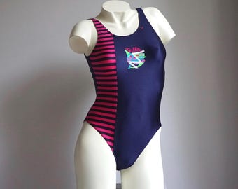 90s Dark Blue Pink Striped Print Bathingsuit / Vintage Deadstock One Piece Satin Logo Swimsuit SMALL