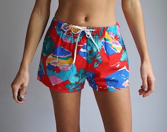 80s Red Print Cotton Swim Trunks Beach Shorts / Vintage Deadstock Mini Bathing Shorts Unisexe SMALL MEDIUM