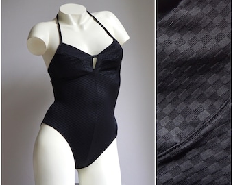 90s Minimal Black Checked Texture Halter One Piece Bathingsuit / Vintage Deadstock Satin Plaid Swimsuit SMALL