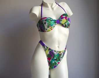 80s Purple Green Abstract Print High Cut Bandeau Bikini Set / Vintage Deadstock Two Piece Swimsuit MEDIUM