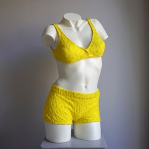 70s Mod Terry Cloth Yellow Bikini Set / Retro Vintage Deadstock Shell Bullet Bra High Waist Shorts Brief Swimsuit MEDIUM LARGE