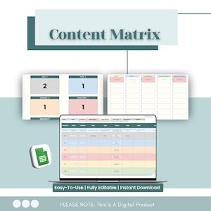 May include: A digital content matrix displayed on a laptop, with a spreadsheet and other visual aids. The image includes the text "Content Matrix" and "Easy-To-Use | Fully Editable | Instant Download". The background is a light teal color.