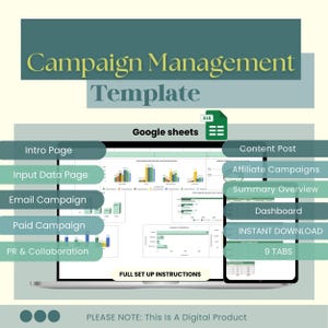 Marketing-Kampagnen-Managemen-System | PR Collaboration Tracker | Anzeigen & E-Mail-Kampagnenplaner | Automatisierte Excel-Vorlage | Google Sheets