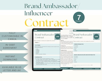 Editable Brand Ambassador Contract Template | Social Media Influencer | Professional Contract Terms Conditions | CANVA