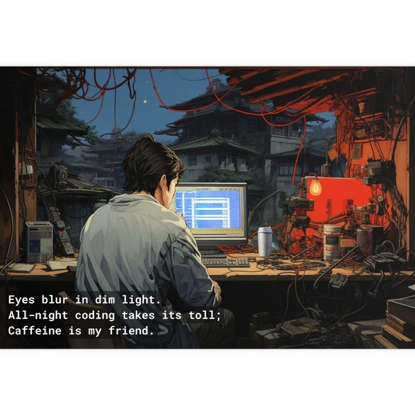 Poster Wall Art | Han Dynasty Hacker: All-Night Coding Manga Inspired by Haiku and Coffee  | HAI-009p