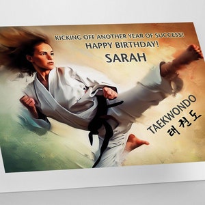 Biglietto di auguri di compleanno personalizzato per arti marziali TaeKwonDo Kicking
