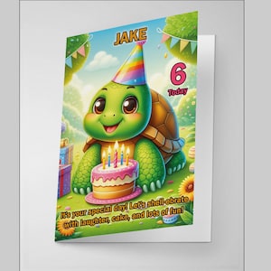 Charmante carte d'anniversaire avec une tortue - personnalisée avec son nom et son âge