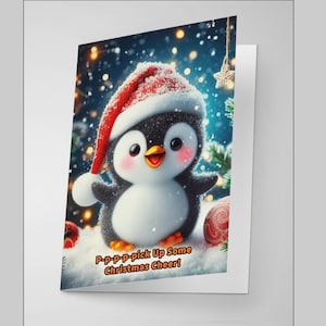 Carina cartolina di Natale con pinguino festoso