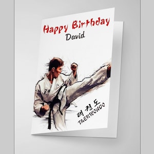 Personalisierte TaeKwonDo Kicking Martial Arts Geburtstagskarte - männliche Version