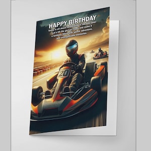 ゴーカートをテーマにした誕生日カード - 楽しいデザイン、白い封筒付き
