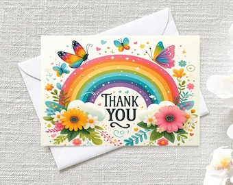 Set van 12 bedankkaarten met regenboogvlinders en bloemen
