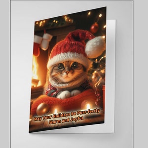 Accogliente gattino accanto al caminetto - Biglietto natalizio festivo