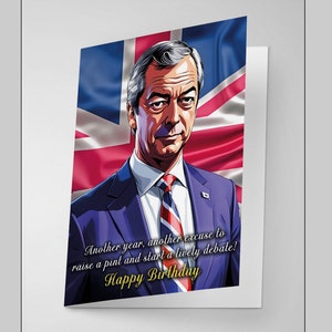 Carte de voeux d'anniversaire de Nigel Farage avec Union Jack - Levez une pinte et débattez !