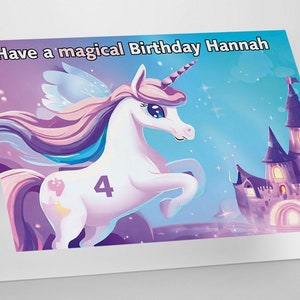 Carte d'anniversaire personnalisée licorne fantaisie pour enfants - changement de nom et d'âge