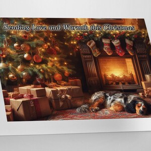 Christmas Card: Cozy Fireplace, Snoozing Dog, and Festive Tree