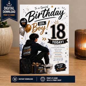 May include: A rectangular birthday greeting card featuring the text To a Special Birthday 18th Boy! 18 TODAY! and Here's to an amazing 18th birthday. The design includes a person in a black hoodie, balloons, a gift, and gold and black accents.