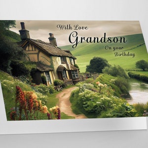 Carte de voeux d'anniversaire de petit-fils, pub confortable avec un paysage pittoresque