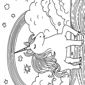 May include: A black and white line drawing of a unicorn with closed eyes standing on a cloud with a rainbow behind it. The unicorn has a long flowing mane and tail. There are stars scattered around the unicorn.