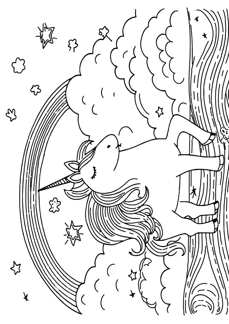 May include: A black and white line drawing of a unicorn with closed eyes standing on a cloud with a rainbow behind it. The unicorn has a long flowing mane and tail. There are stars scattered around the unicorn.