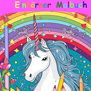 May include: A coloring book cover featuring a white unicorn with a rainbow horn and blue mane. The unicorn is surrounded by colorful pencils and flowers. The text "Mein Zauberhaftes Einh&ouml;rner Malbuch" is at the top of the cover.