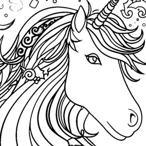May include: A black and white line drawing of a unicorn's head with a spiral horn and flowing mane. The unicorn is surrounded by swirls and stars.