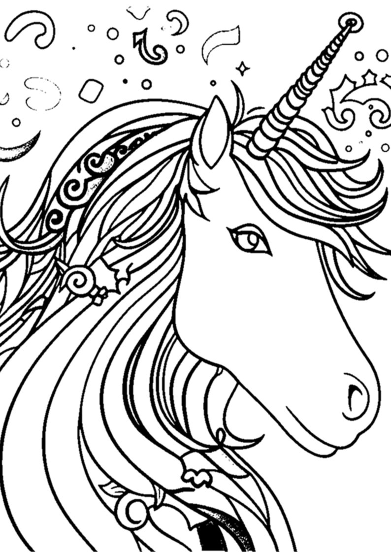 May include: A black and white line drawing of a unicorn's head with a spiral horn and flowing mane. The unicorn is surrounded by swirls and stars.