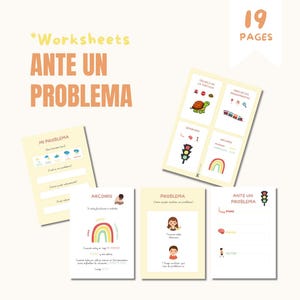 Puede incluir: Un conjunto de 19 hojas de trabajo para ayudar a los niños a aprender a lidiar con los problemas. Las hojas de trabajo presentan ilustraciones coloridas de un arcoíris, una tortuga, un semáforo y una persona. Las hojas de trabajo se titulan "Ante un problema".