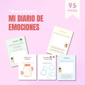Puede incluir: Un conjunto de hojas de trabajo coloridas para un diario sobre emociones. Las hojas de trabajo presentan ilustraciones de personas que experimentan diferentes emociones, como alegría, enojo, tristeza y asco. El título del diario es "Mi Diario de Emociones" que se traduce como "Mi Diario de Emociones".