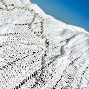 Pearl love heart dainty rosary beads with Our Lady of Fatima pendant and silver crucifix