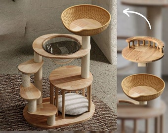 Wooden Cat House and Tower with Hammock Carrier - Complete Cat Furniture & Training Supplies for Climbing, Scratching, and Playful Habits