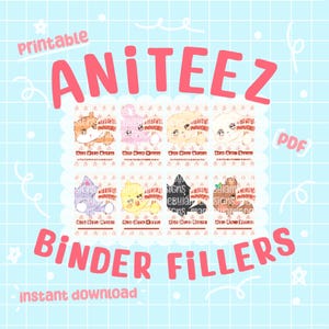 Könnte beinhalten: Ein digitales Blatt mit druckbaren Ordner-Einlagen, das acht einzelne Karten mit Cartoon-Tierillustrationen zeigt. Jede Karte zeigt eine einzigartige Figur in Pastellfarben, darunter Orange, Rosa, Gelb, Lila und Schwarz, mit dem Text ANITEEZ BINDER FILLERS.