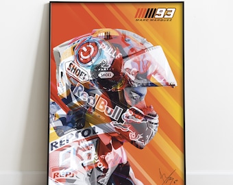 Marc Márquez - Impressão de pôster de motocicleta e capacete - Arte de parede - Ilustração - Presente de aniversário - MotoGP