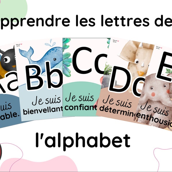 Alphabet imprimable A4 26 lettres, animaux et phrases positives idéal pour les tout petits.