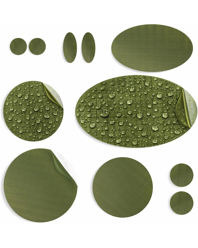 aZengear Puffer Jacket Repair Patches (OLIVE, 11 Pieces) Self-Adhesive, Waterproof, Tear-Resistant, Fix Holes in Tents, Shoes, Down Clothing