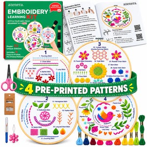 Beginner Embroidery Kit - Learn 33 Stitches with Video Tutorials | Includes 4 Coloured Patterns, Threads, Hoop, Tools