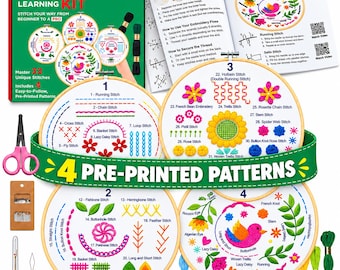 May include: An embroidery learning kit by azenera featuring four wooden hoops with pre-printed patterns, instructional booklets, pink scissors, a needle case, a seam ripper, and various colored embroidery floss skeins for learning 33 stitches.