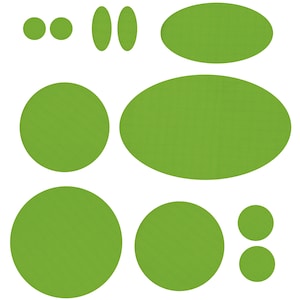 Könnte beinhalten: Eine Ansammlung verschiedener grüner Formen, darunter Kreise und Ovale, vor einem weißen Hintergrund. Die Formen variieren in der Größe und haben eine strukturierte Oberfläche, die auf Stoff oder ein Muster hindeutet. Die Farbe ist ein helles, lebendiges Grün.