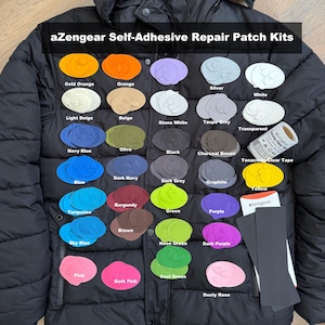 Jacket Repair Patch Kit - 11 Pre-Cut Waterproof Self-Adhesive Patches in 30+ Colours for Puffers, Down Coats, Tents, Sleeping Bags