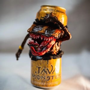 Lata de Monster Energy Java, escultura artesanal, escultura única de monstro em lata