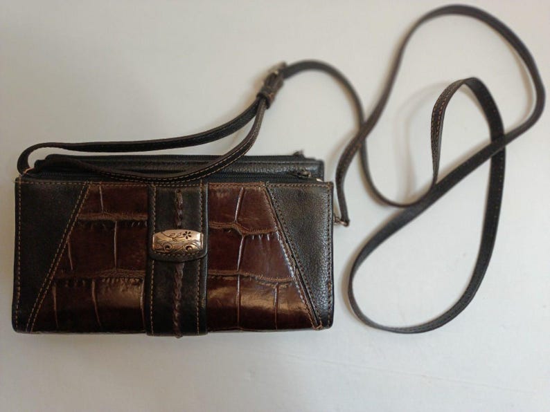 Brighton Braun Croc Geprägte Leder Crossbody Geldbörse Geldbörse Geldbörse Vintage Bild 1