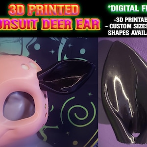 Puede incluir: Una oreja de ciervo impresa en 3D para un traje de piel. La oreja es negra y tiene una superficie texturizada. La oreja se muestra en una cabeza de traje de piel rosa y sobre un fondo morado.