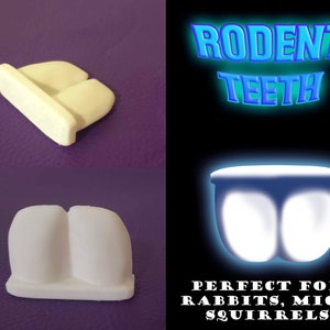 May include: White plastic rodent teeth for small animals like rabbits, mice, and squirrels. The teeth are designed to help wear down their teeth and prevent overgrowth.