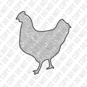 May include: A silver glitter chicken silhouette. The chicken is facing right and has a rounded body and a long neck.