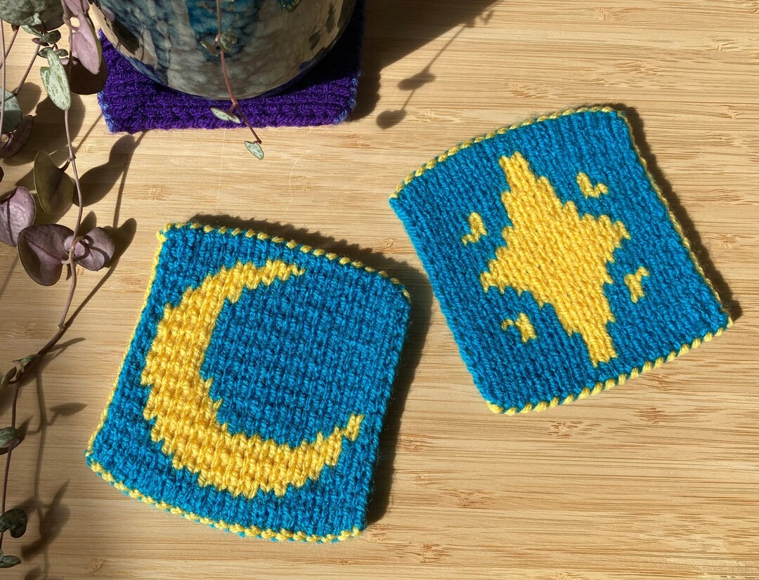 Moon Rug Coaster Handknit Moon & Stars Coasters - Etsy