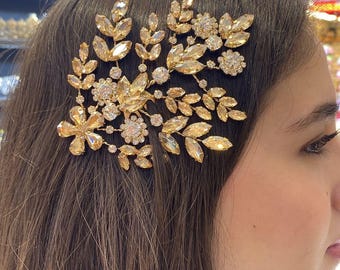 Gold Crystal Leaf Headpiece for Brides | Elegant Floral Hair Accessory