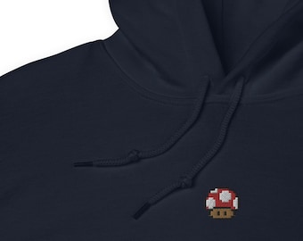 Retro Mario Mushroom Hoodie – Embroidered 64-Bit Classic Gamer Gift Sweatshirt