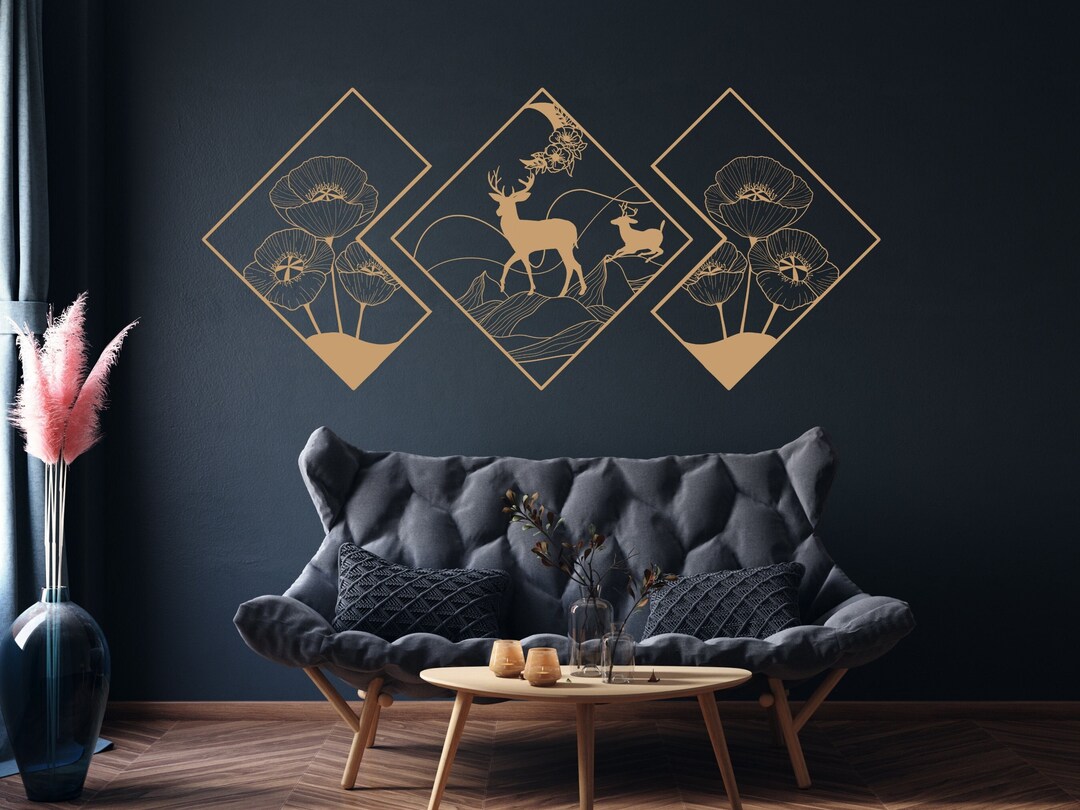 3 Panel Deer Mountain Metal Wall Art Poppy Flower Metal Wall Etsy